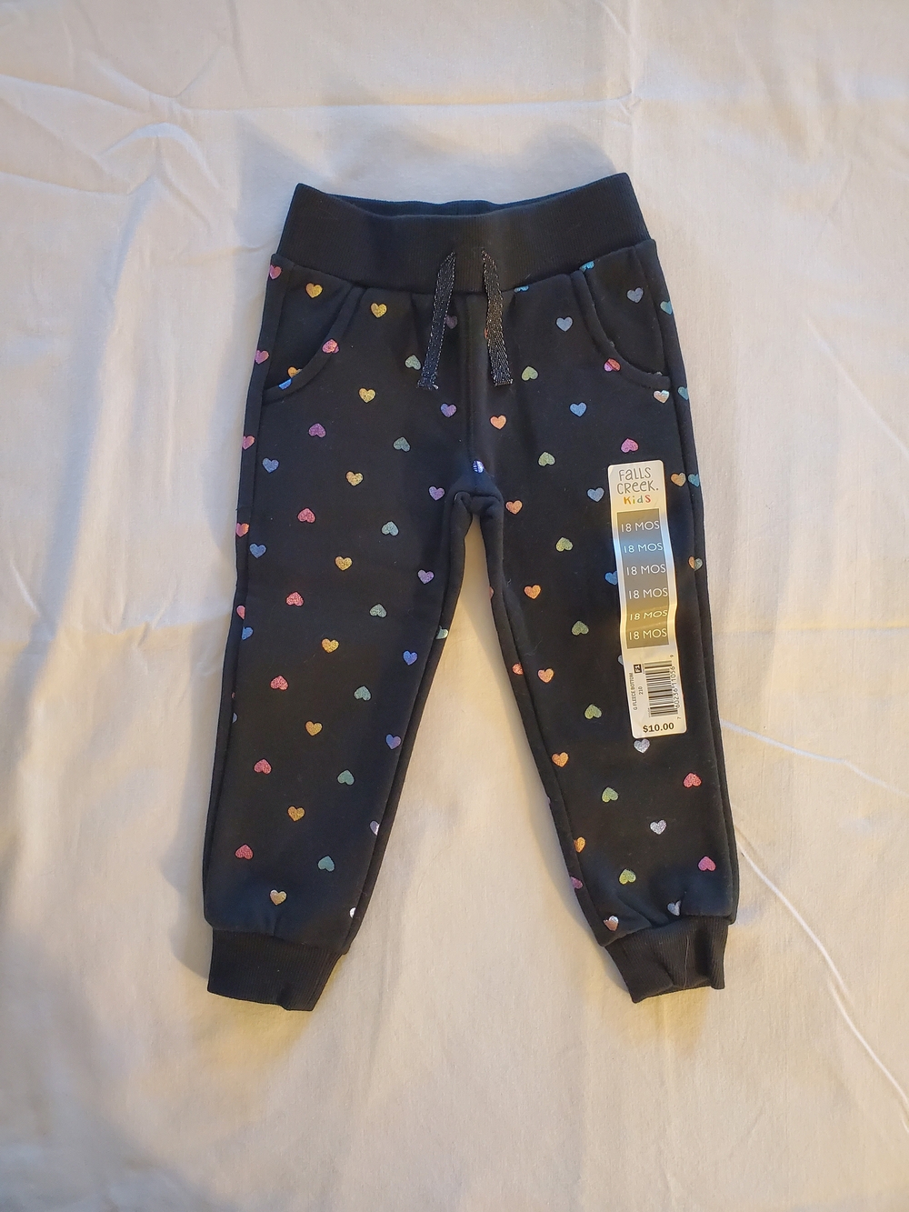 Falls Creek Kids Black Joggers with Multicolor Heart Print